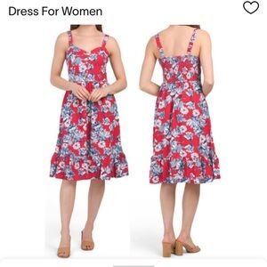 Floral Red & Blue Women's Dress - 100% Cotton TieredMidi Dress with Flower Print